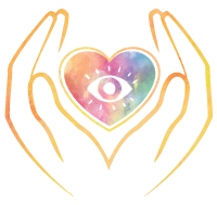 Graphic with golden hands encompassing a rainbow heart with eye in the center